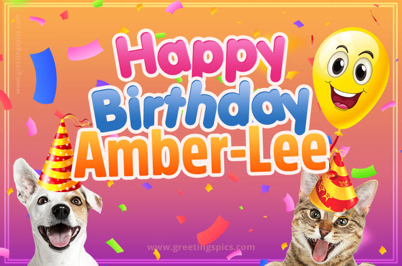 Happy Birthday Amber-Lee Funny Image with cat and dog