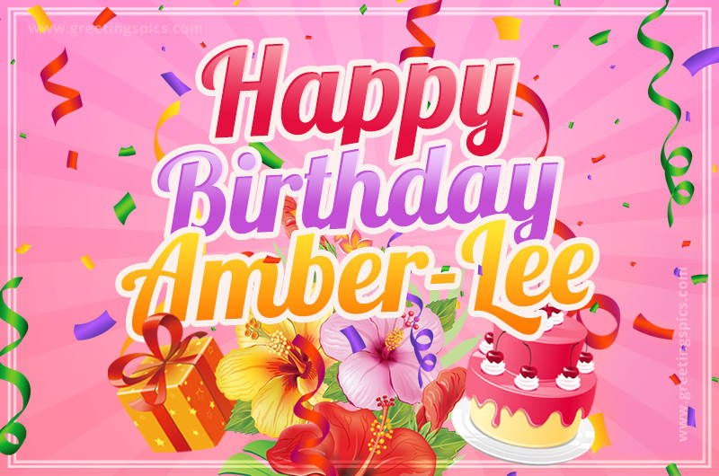 Beautiful Birthday Card for Amber-Lee with Cake and bouquet of flowers