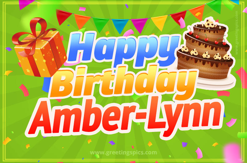 Happy Birthday Amber-Lynn picture with flags, chocolate cake and gift box