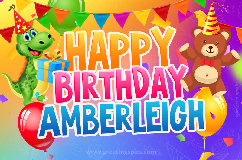 Happy Birthday Amberleigh Image for a child with cute dinosaur and bear