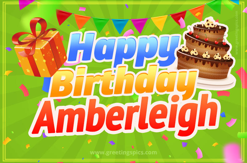 Happy Birthday Amberleigh picture with flags, chocolate cake and gift box