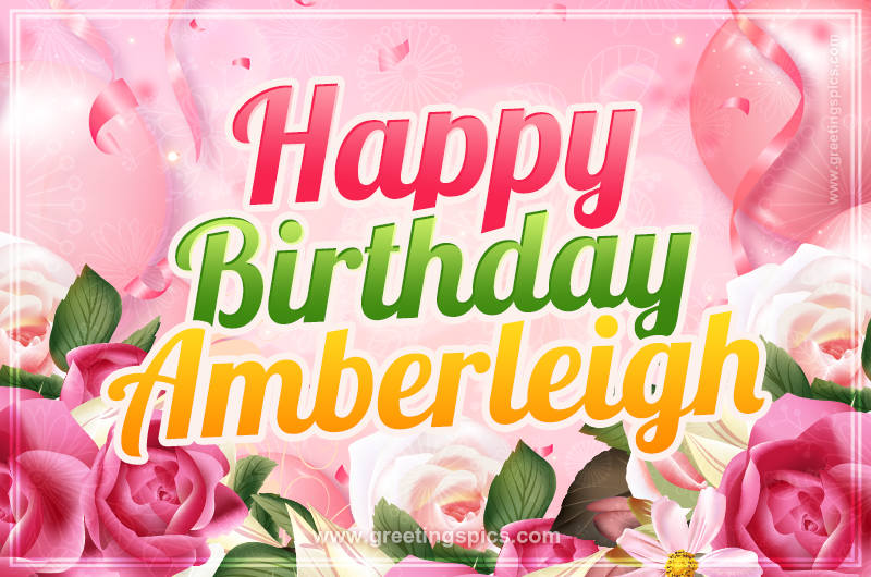 Image with gentle pink background and flowers Happy Birthday Amberleigh