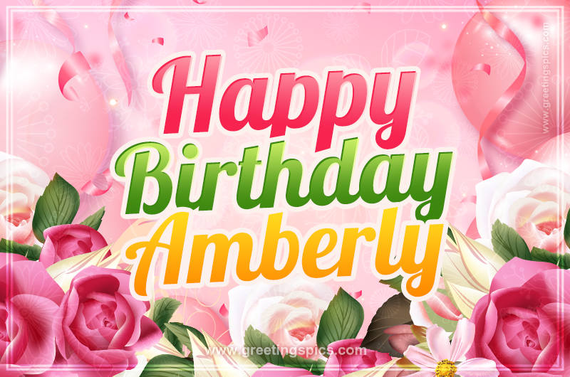 Image with gentle pink background and flowers Happy Birthday Amberly