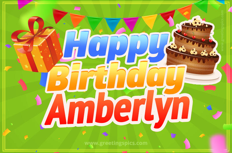 Happy Birthday Amberlyn picture with flags, chocolate cake and gift box