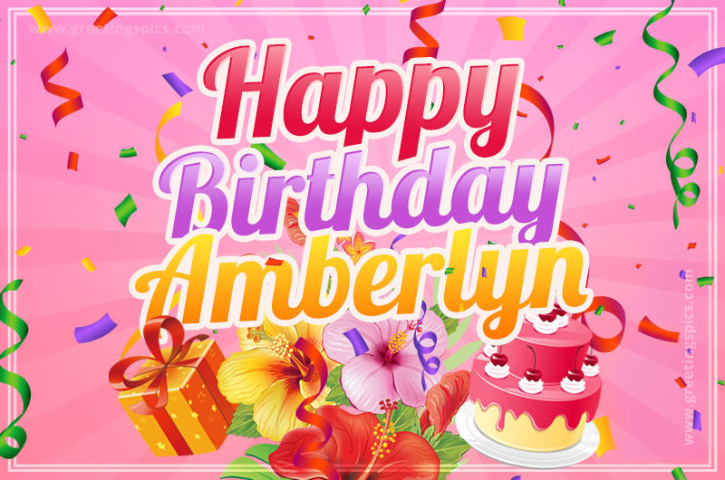 Beautiful Birthday Card for Amberlyn with Cake and bouquet of flowers