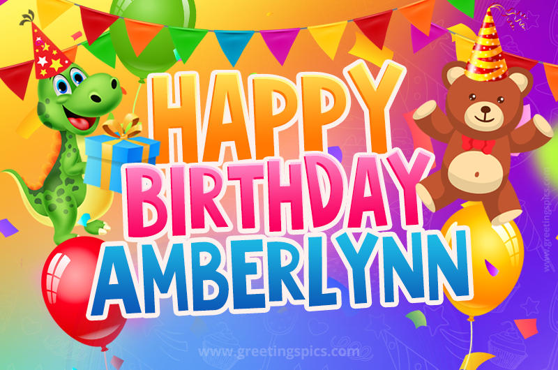 Happy Birthday Amberlynn Image for a child with cute dinosaur and bear