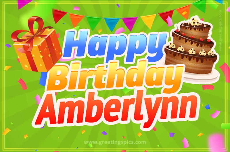 Happy Birthday Amberlynn picture with flags, chocolate cake and gift box