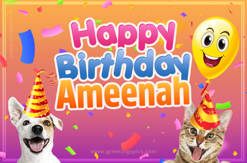 Happy Birthday Ameenah Funny Image with cat and dog