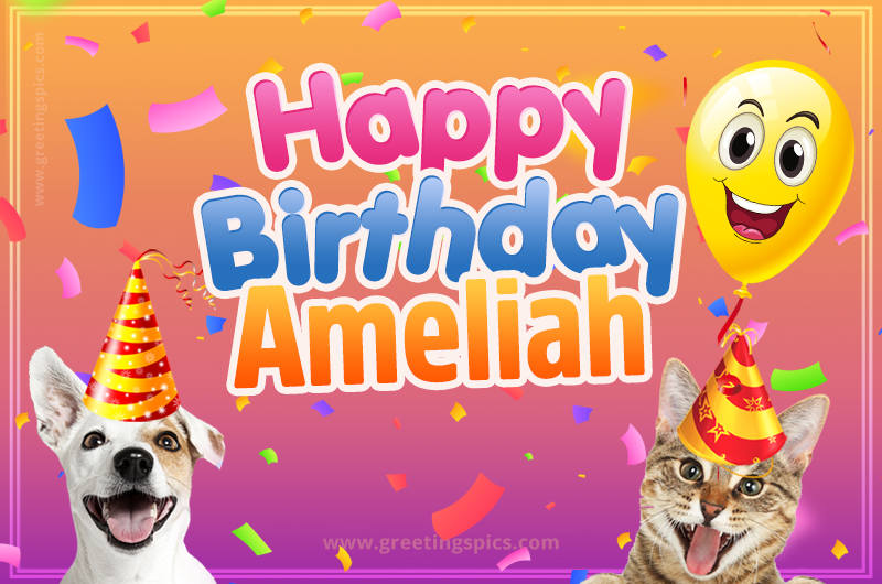 Happy Birthday Ameliah Funny Image with cat and dog