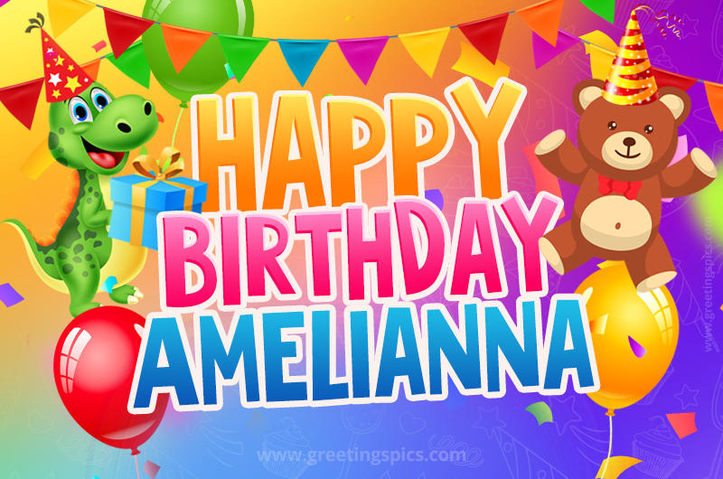 Happy Birthday Amelianna Image for a child with cute dinosaur and bear