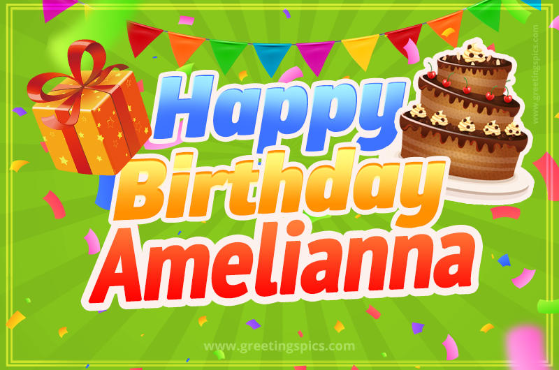 Happy Birthday Amelianna picture with flags, chocolate cake and gift box