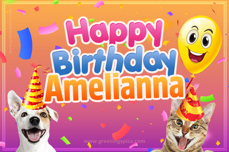 Happy Birthday Amelianna Funny Image with cat and dog