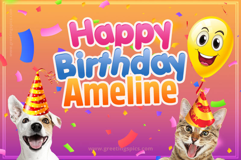 Happy Birthday Ameline Funny Image with cat and dog