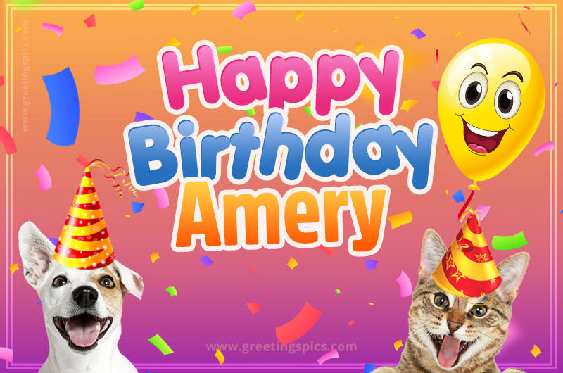 Happy Birthday Amery Funny Image with cat and dog