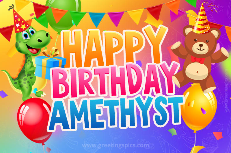 Happy Birthday Amethyst Image for a child with cute dinosaur and bear