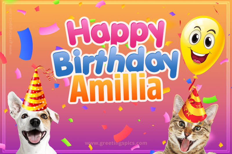 Happy Birthday Amillia Funny Image with cat and dog