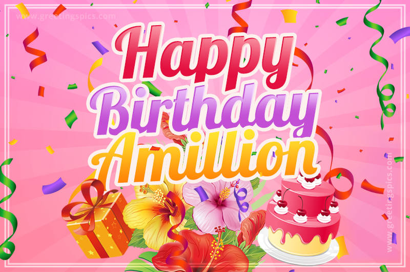 Beautiful Birthday Card for Amillion with Cake and bouquet of flowers