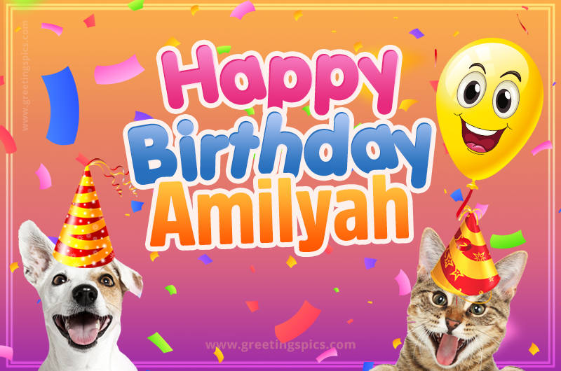 Happy Birthday Amilyah Funny Image with cat and dog