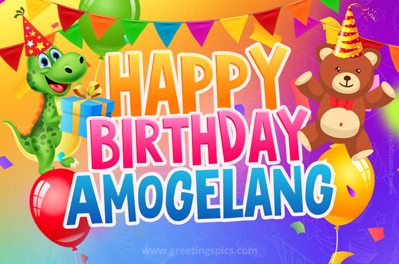 Happy Birthday Amogelang Image for a child with cute dinosaur and bear