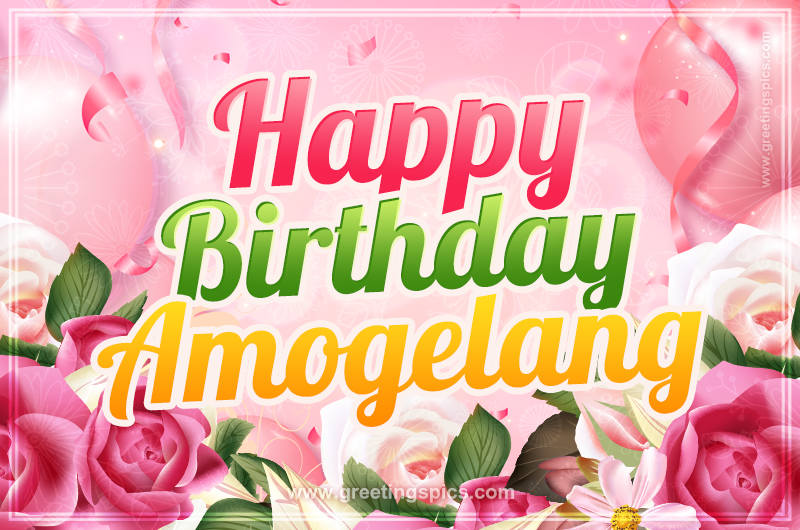 Image with gentle pink background and flowers Happy Birthday Amogelang