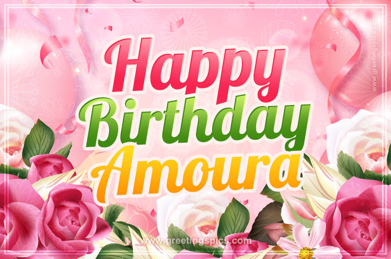 Image with gentle pink background and flowers Happy Birthday Amoura