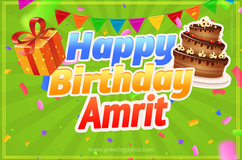 Happy Birthday Amrit picture with flags, chocolate cake and gift box