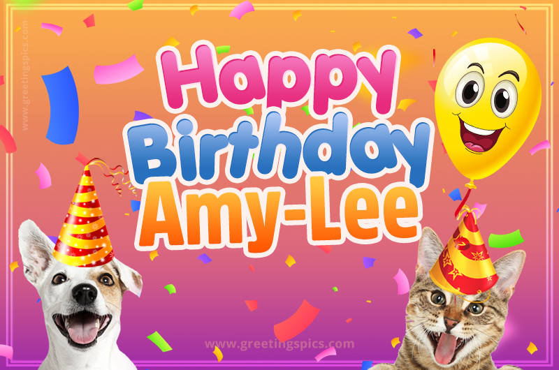 Happy Birthday Amy-Lee Funny Image with cat and dog