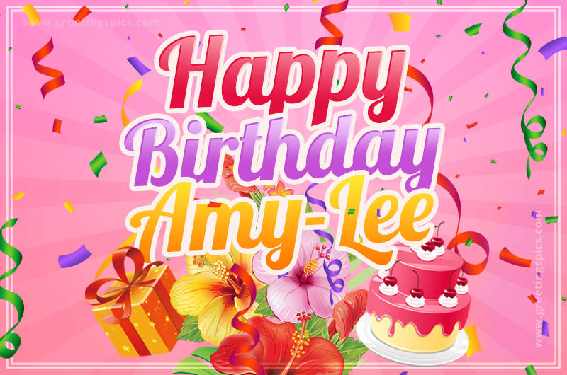 Beautiful Birthday Card for Amy-Lee with Cake and bouquet of flowers