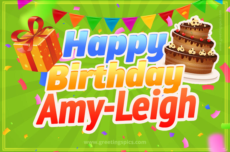 Happy Birthday Amy-Leigh picture with flags, chocolate cake and gift box