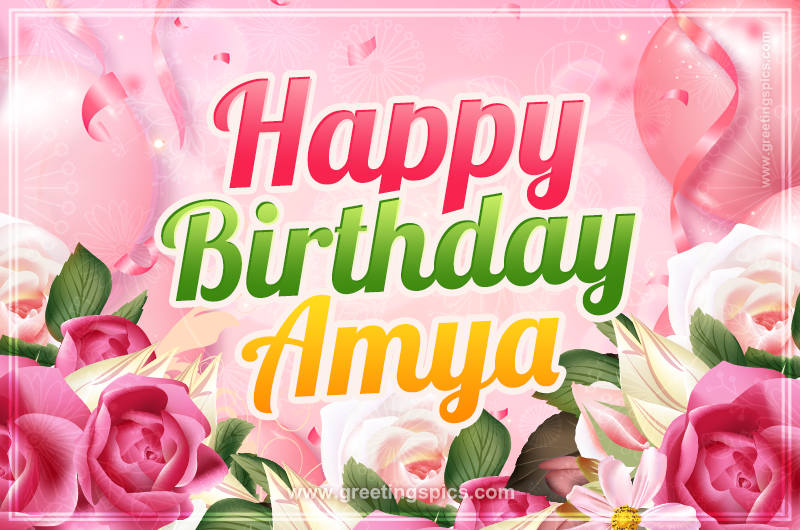 Image with gentle pink background and flowers Happy Birthday Amya