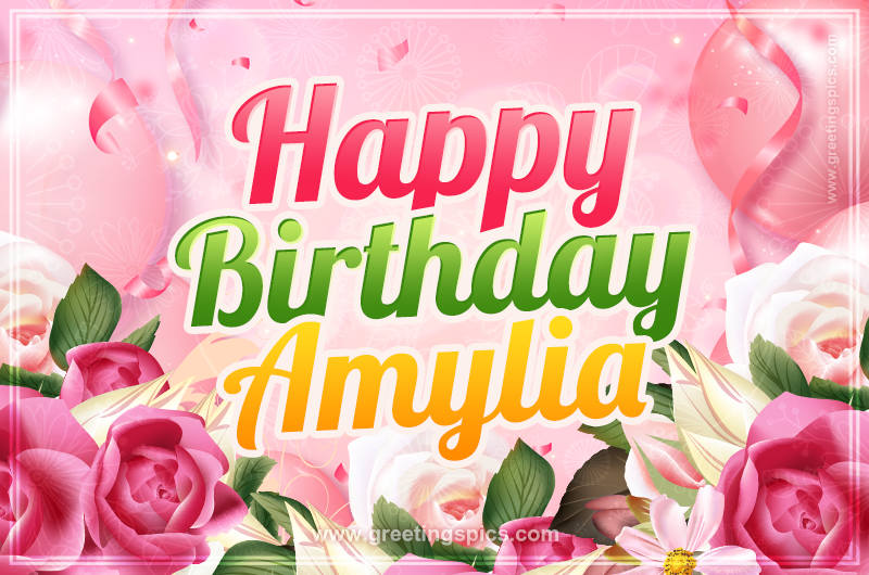 Image with gentle pink background and flowers Happy Birthday Amylia