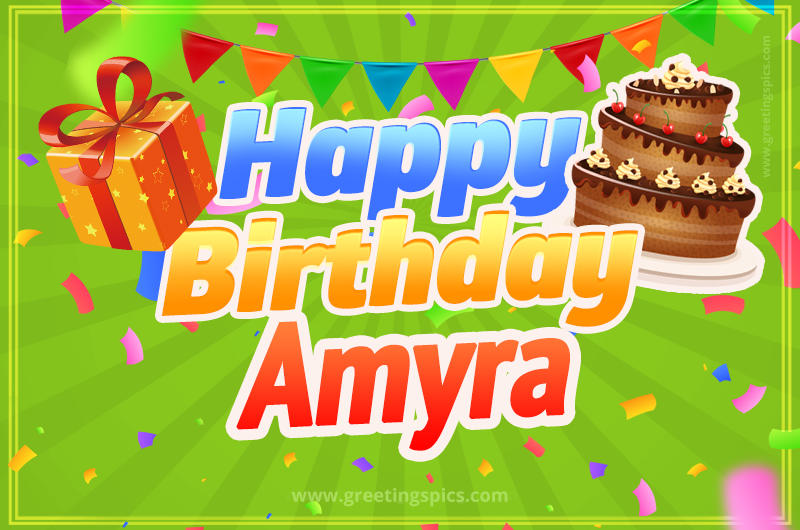 Happy Birthday Amyra picture with flags, chocolate cake and gift box