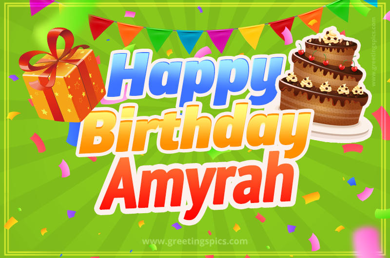 Happy Birthday Amyrah picture with flags, chocolate cake and gift box