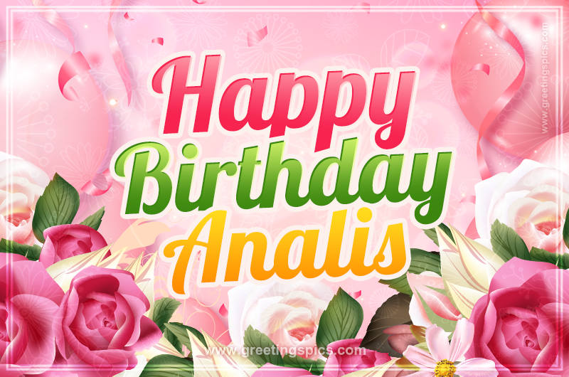 Image with gentle pink background and flowers Happy Birthday Analis