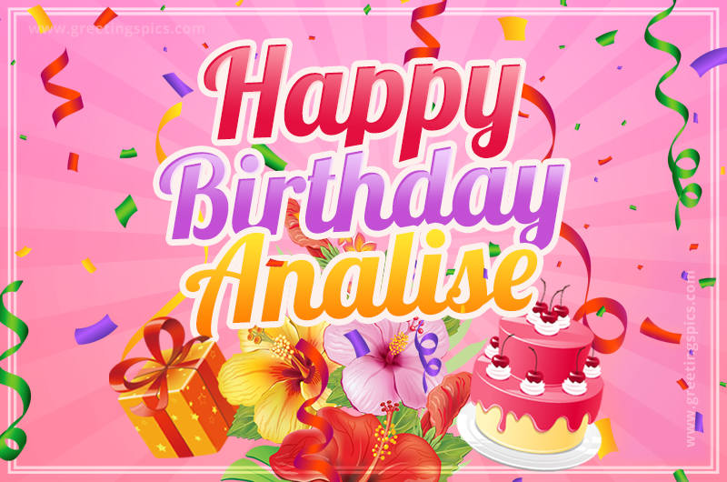 Beautiful Birthday Card for Analise with Cake and bouquet of flowers