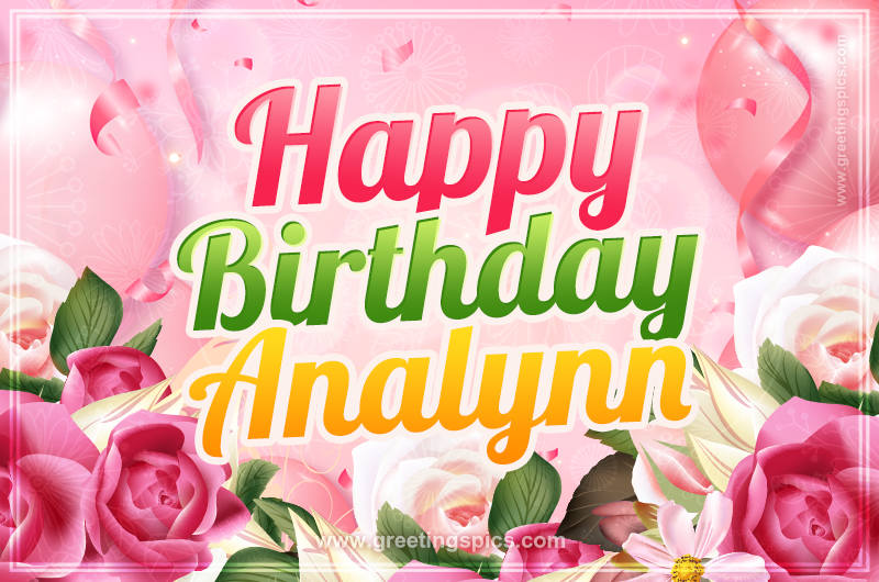 Image with gentle pink background and flowers Happy Birthday Analynn