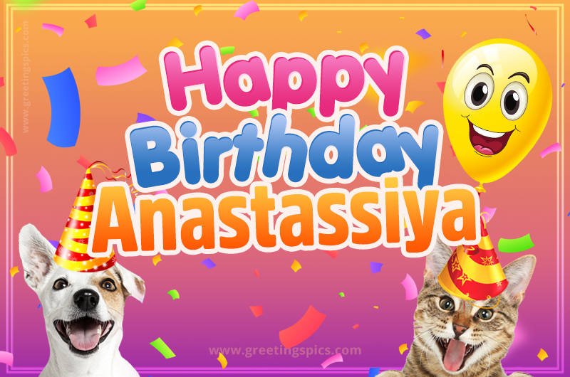 Happy Birthday Anastassiya Funny Image with cat and dog