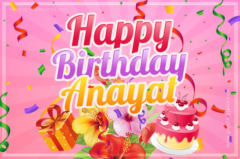 Beautiful Birthday Card for Anayat with Cake and bouquet of flowers