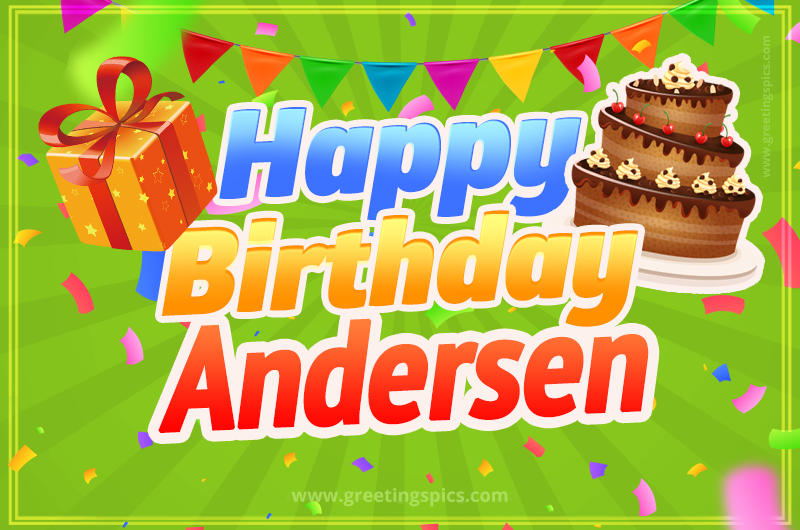 Happy Birthday Andersen picture with flags, chocolate cake and gift box