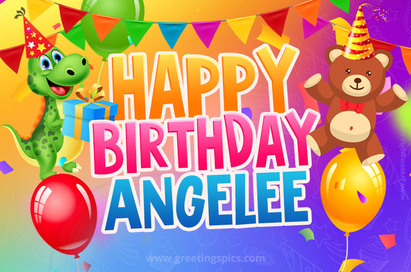 Happy Birthday Angelee Image for a child with cute dinosaur and bear