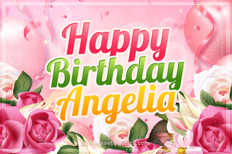 Image with gentle pink background and flowers Happy Birthday Angelia