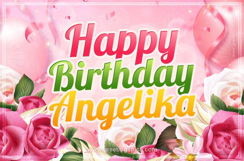 Image with gentle pink background and flowers Happy Birthday Angelika