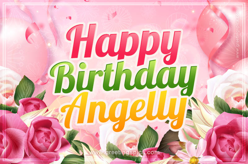 Image with gentle pink background and flowers Happy Birthday Angelly