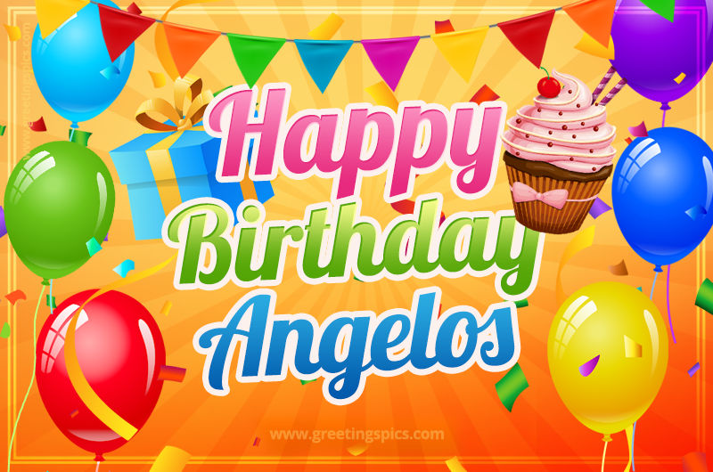 Happy Birthday Angelos eCard with gift box and cupcake