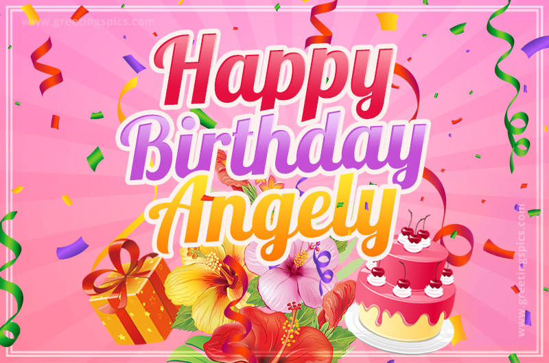 Beautiful Birthday Card for Angely with Cake and bouquet of flowers