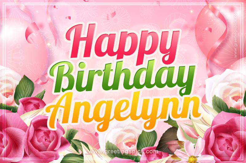 Image with gentle pink background and flowers Happy Birthday Angelynn