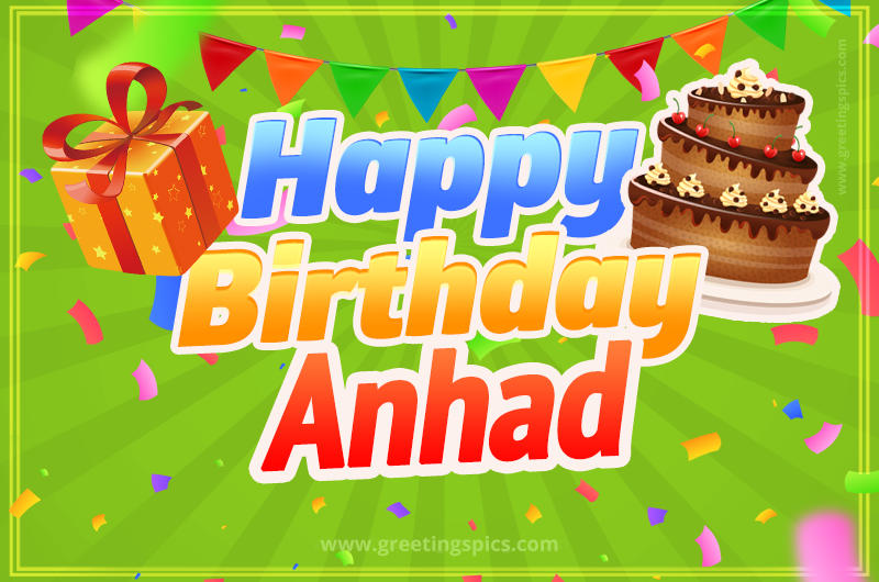 Happy Birthday Anhad picture with flags, chocolate cake and gift box