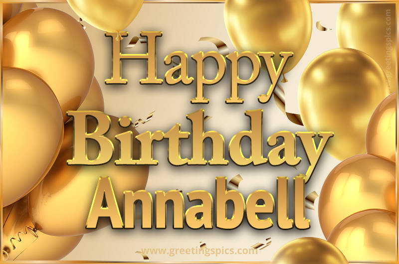 Happy Birthday Annabell Card with golden confetti and balloons