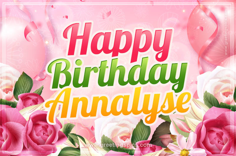 Image with gentle pink background and flowers Happy Birthday Annalyse