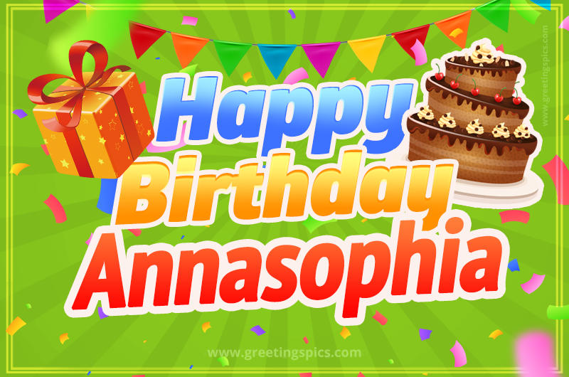 Happy Birthday Annasophia picture with flags, chocolate cake and gift box